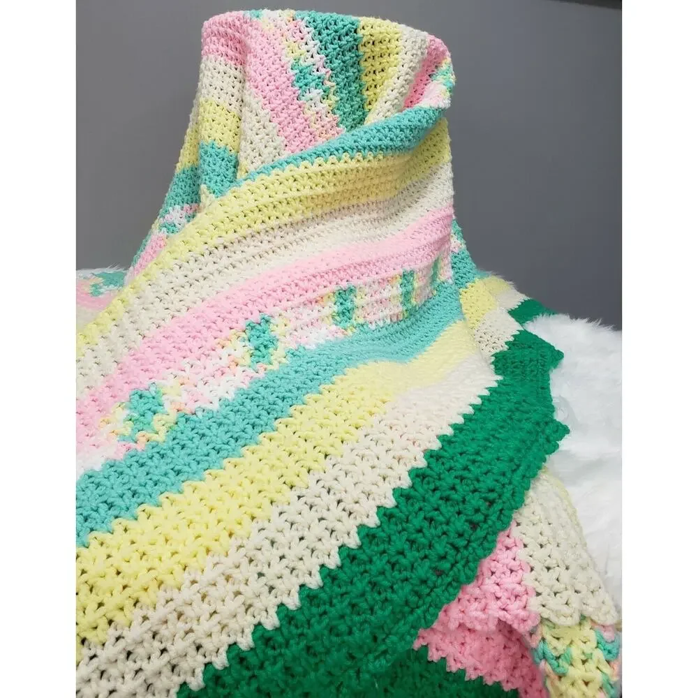 Vintage pink yellow green afghan blanket throw nursery y2k‎ bedroom decor easter